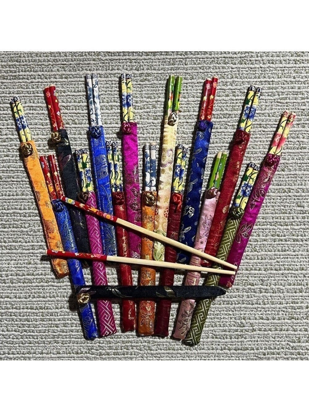 Vintage Bohemian Bamboo Chopsticks RANDOM SET OF 3 Ornate Cloth Sheath Eclectic